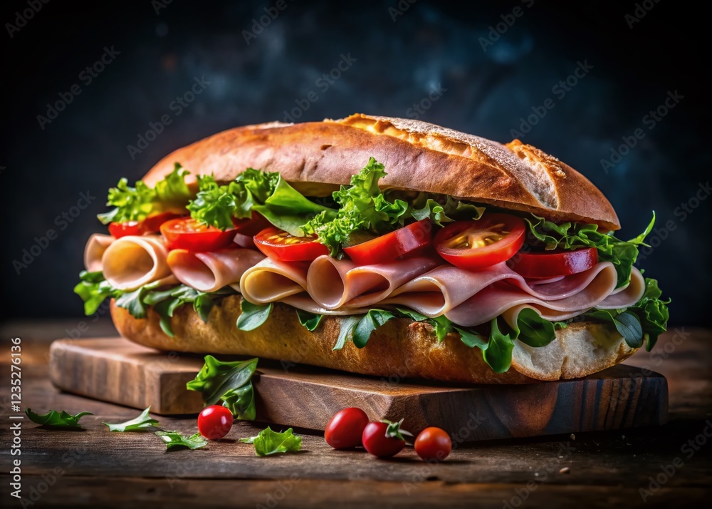 Delectable Sandwich with Prosciutto Hamon on Ciabatta against a Dark Background Delectable Sandwich with Prosciutto Hamon on Ciabatta against a Dark Background