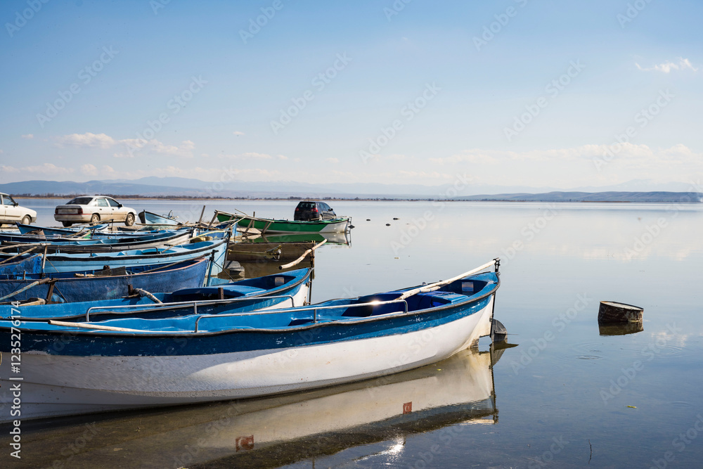 Decorated day-trip boats in Isikli Lake in Denizli's Civril district. Isıkli Lake is flooded with visitors during lotus time. It is also a popular lake for hunters. Decorated day-trip boats in Isikli Lake in Denizli's Civril district. Isıkli Lake is flooded with visitors during lotus time. It is also a popular lake for hunters.