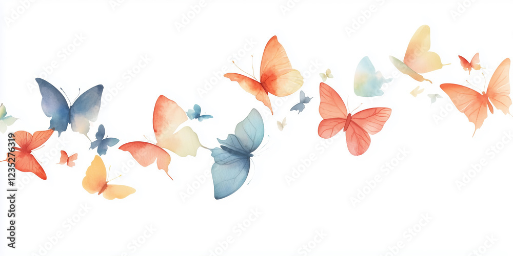 Fototapeta premium Pastel colored watercolor butterflies flying on a white background.