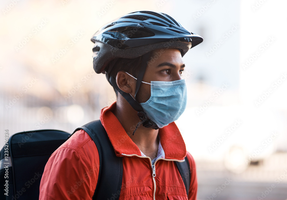 Courier, delivery man and face mask for shipping, safety and Covid compliance and service. Eco friendly travel, risk management and worker with ecommerce and bike helmet, retail and distribution Courier, delivery man and face mask for shipping, safety and Covid compliance and service. Eco friendly travel, risk management and worker with ecommerce and bike helmet, retail and distribution
