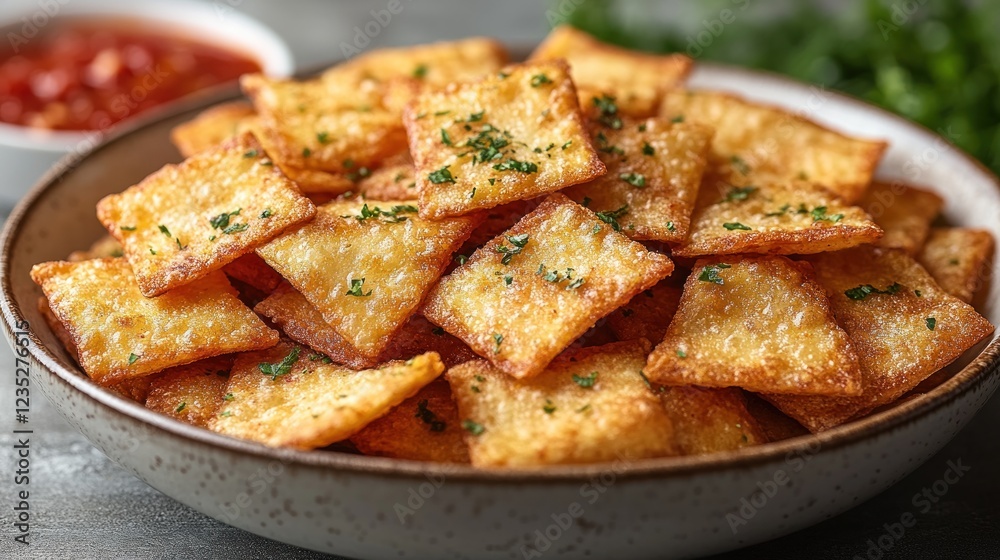 Crispy fried snacks, bowl, parsley, sauce, kitchen Crispy fried snacks, bowl, parsley, sauce, kitchen