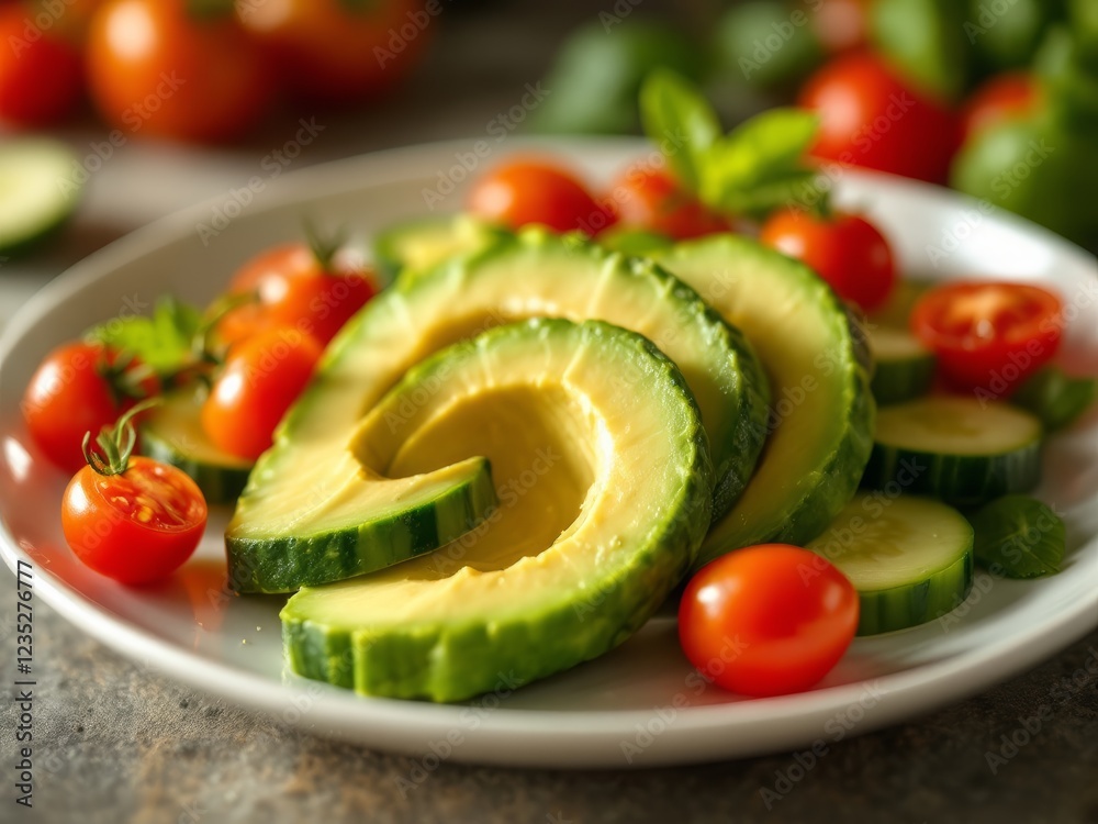 Avocado slices with cherry tomatoes and cucumbers on a white plate
Avocado slices with cherry tomatoes and cucumbers on a white plate