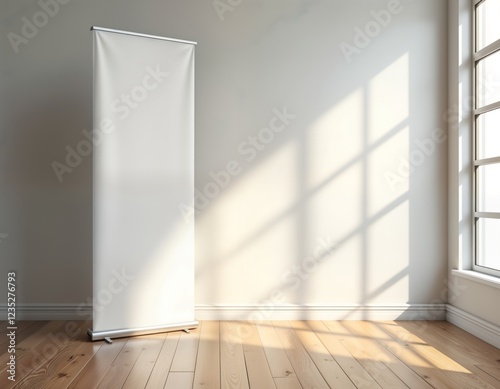 Blank white rollup banner display mockup in room with sunlight. Empty template for advertisement presentation. Indoor view of modern design. Versatile product for trade shows, events, business photo