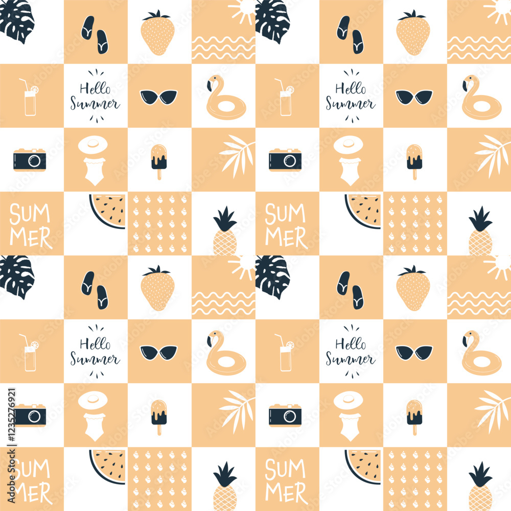Summer Square Pattern. Seamless Geometric Checkered Print with Summer Things. Season Chess Background. Template. Beach Accessories, Watermelon, Ice-cream, Glasses. Vector in Yellow, Black, White Summer Square Pattern. Seamless Geometric Checkered Print with Summer Things. Season Chess Background. Template. Beach Accessories, Watermelon, Ice-cream, Glasses. Vector in Yellow, Black, White