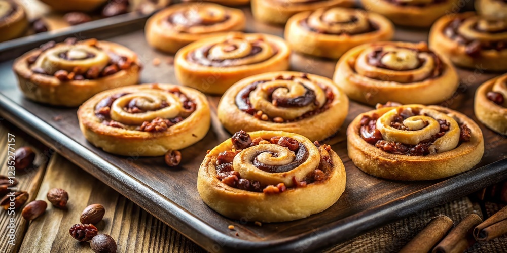 Delicious Date Nut Pinwheel Cookies on Baking Sheet, Close Up Delicious Date Nut Pinwheel Cookies on Baking Sheet, Close Up