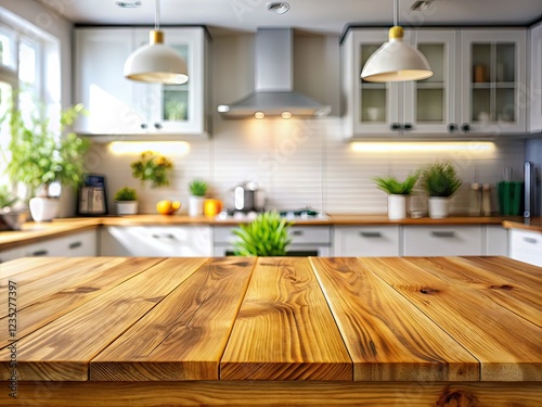 Empty Wooden Table on Kitchen Counter Blurred Background - Rule of Thirds