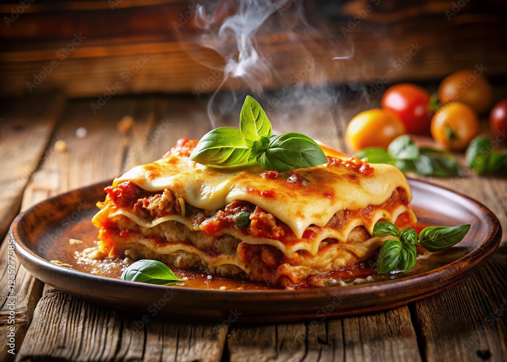 Fototapeta premium Delicious Homemade Lasagna with Fresh Basil Garnish - High-Resolution Stock Photo