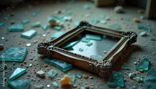 Abandoned picture frame lies on dusty floor. Shattered glass, debris surround. Interior space shows neglect, decay. Remnants of past memory. Lost, forgotten object. Vintage furniture. Desolate, photo