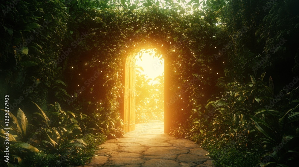 Obraz premium Luminous Archway Leads To A Sunlit Path Through Lush Foliage