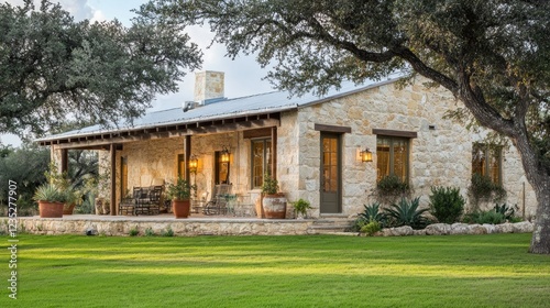 Stone Ranch House with Covered Porch and Lush Lawn