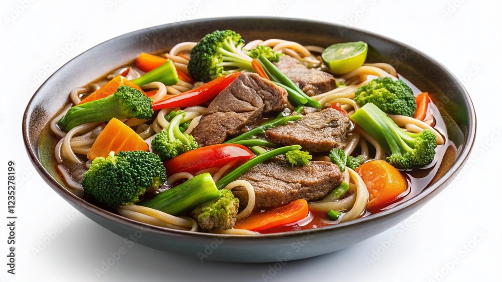 Delicious Thai Beef Noodle Soup with Vegetables, Isolated on White Background - Stock Photo Delicious Thai Beef Noodle Soup with Vegetables, Isolated on White Background - Stock Photo