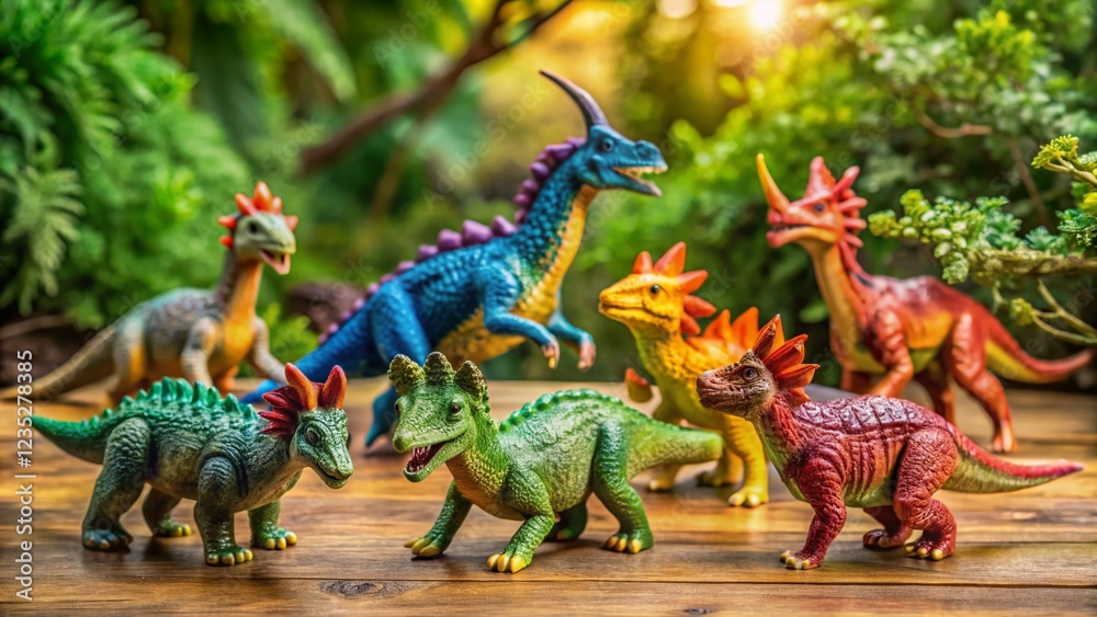 Fototapeta premium Delightful Dinosaur Figurines: A Kaleidoscope of Colors and Quirky Features