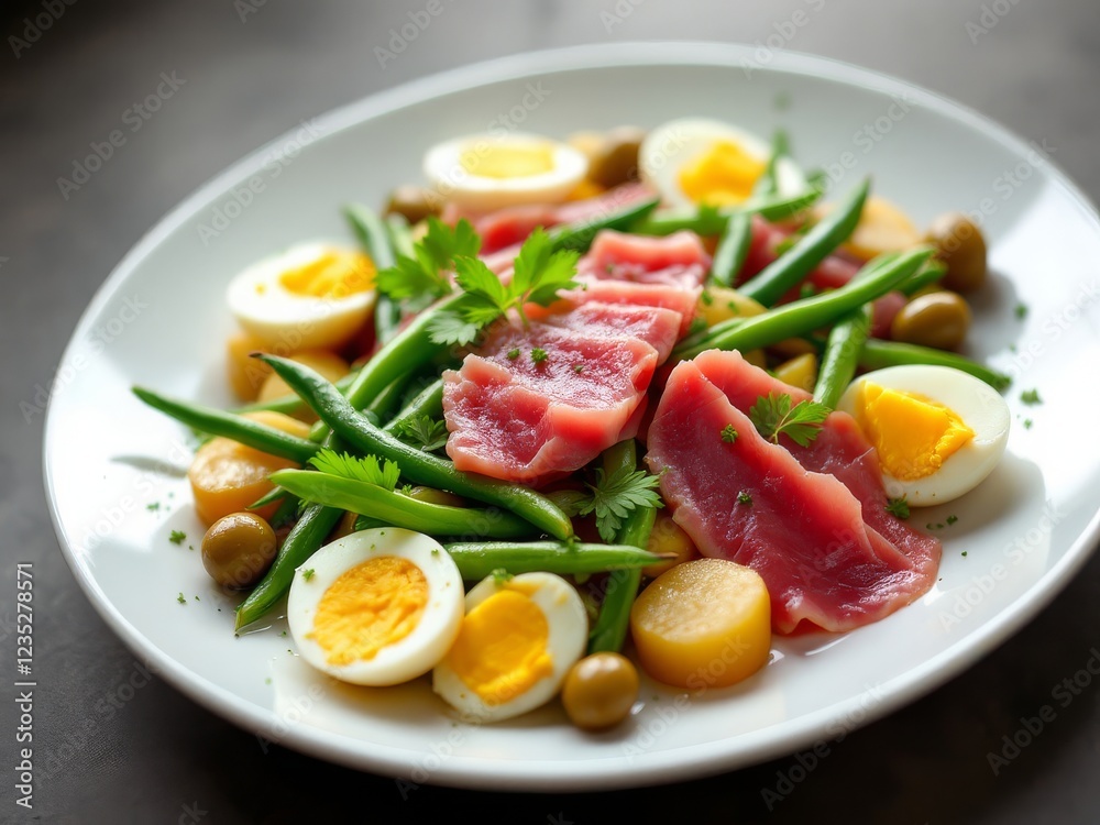 Plated Salad with Seared Tuna, Green Beans, Potatoes, Eggs, and Olives Plated Salad with Seared Tuna, Green Beans, Potatoes, Eggs, and Olives