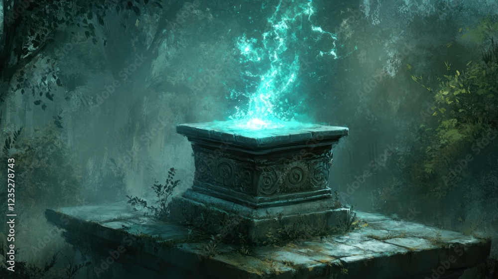 Ancient Altar Emits Ethereal Teal Light In Forest Ancient Altar Emits Ethereal Teal Light In Forest