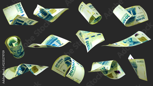 3D rendering of 20000 Argentinian peso notes flying in different angles and orientations isolated on dark background