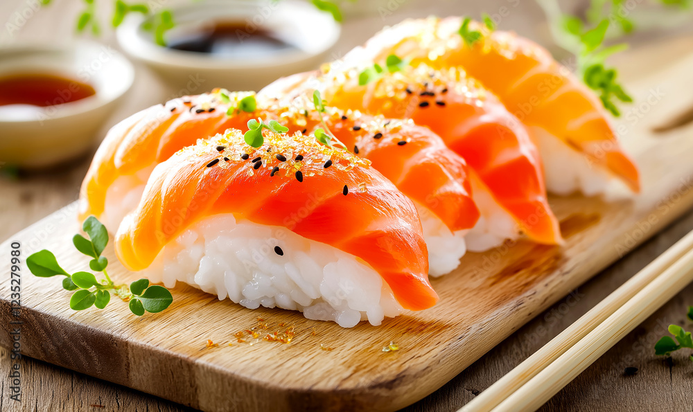 Minimalist Sushi Nigiri with Fresh Salmon and Tuna Minimalist Sushi Nigiri with Fresh Salmon and Tuna