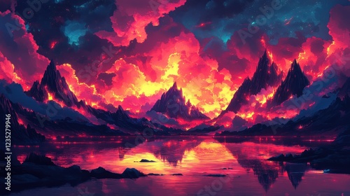 Fiery Mountains Reflecting In A Crimson Lake At Night