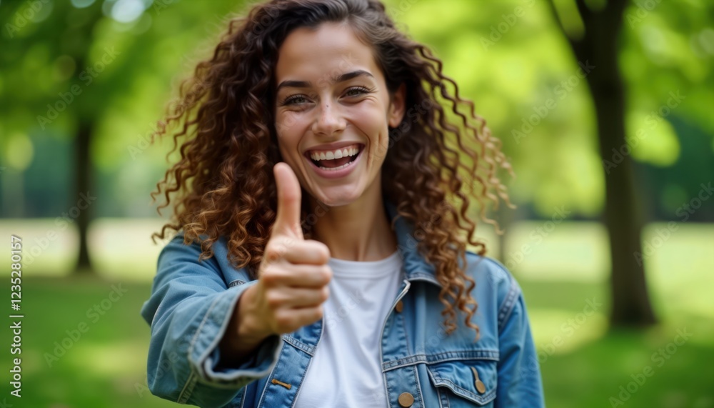 Young woman gives a thumbs-up gesture outdoors. Happy expression and joyful mood. Casual clothing style. Outdoors in park or green area. Sunny day. Positive attitude. Young woman gives a thumbs-up gesture outdoors. Happy expression and joyful mood. Casual clothing style. Outdoors in park or green area. Sunny day. Positive attitude.