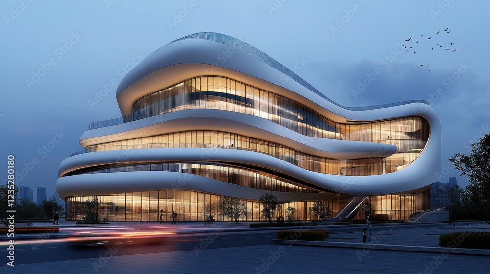 Modern Curving Building Architectural Design at Dusk Modern Curving Building Architectural Design at Dusk