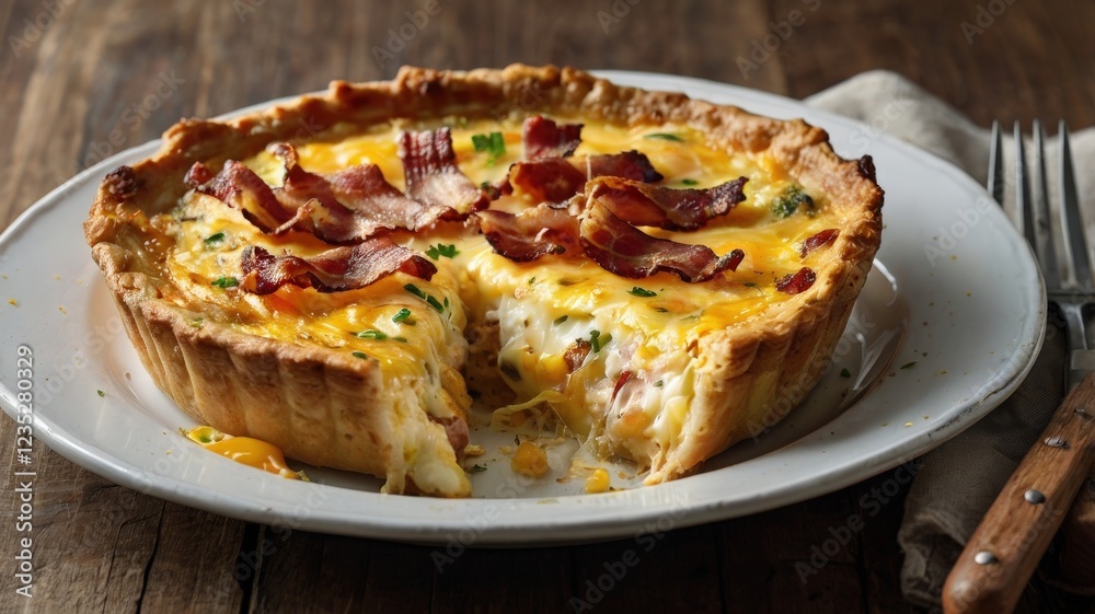 Close-Up Horizontal Shot of Crustless Quiche with Bacon, Chicken, and Melted Cheese on Rustic Table Close-Up Horizontal Shot of Crustless Quiche with Bacon, Chicken, and Melted Cheese on Rustic Table