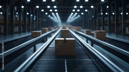 Automated conveyor belt system transporting packages in a large warehouse, symbolizing logistics, shipping, and e-commerce fulfillment photo