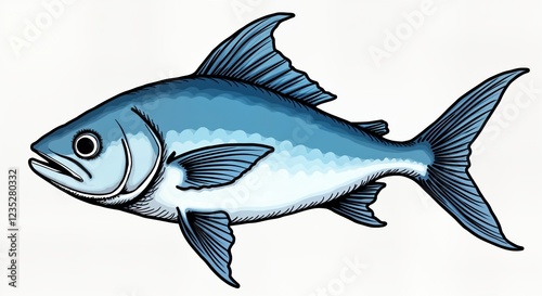 Detailed sketch of blue fish. Artistic illustration style. Fish in profile view. Fin details visible. Simple design. Suitable for fishing apparel marine eco-products. Image highlights detailed fish photo