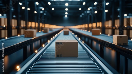 Automated conveyor belt transporting packages in a high-tech warehouse, symbolizing logistics, shipping, and e-commerce fulfillment photo