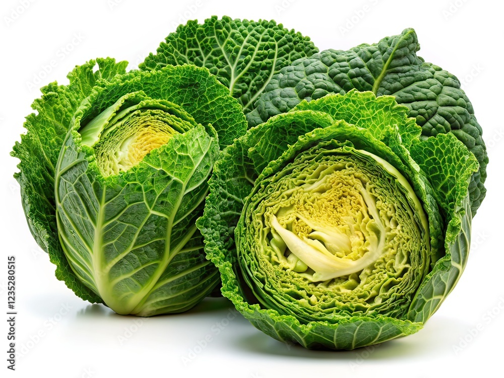 Obraz premium Fresh Green Cabbage, White Background, Food Photography