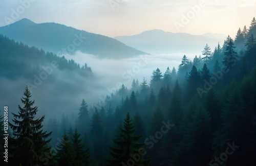 Misty mountain vista with fir forest. Fog envelops trees. Calm atmosphere. Picturesque landscape. Tranquil scene. Serene view. Natural beauty. Ideal for travel or nature backgrounds.