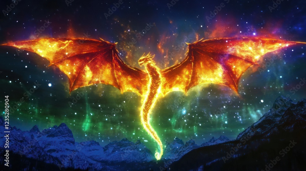 Fiery Dragon Soaring Through Celestial Night Sky