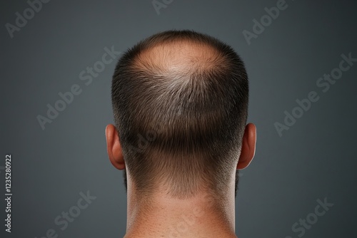 Back view of a man with noticeable hair loss and a bald spot, representing male pattern baldness, aging, and hair thinning photo