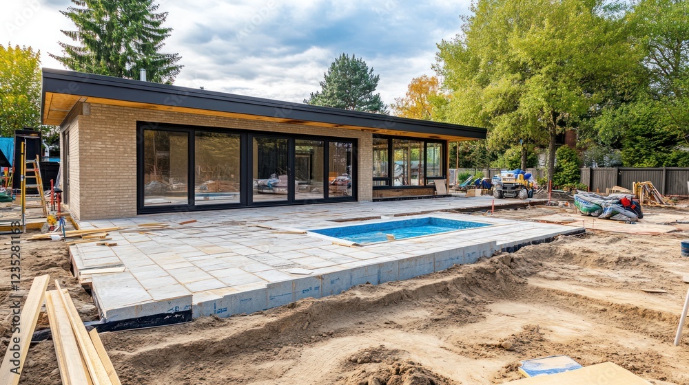 Modern Brick House Under Construction With Pool Modern Brick House Under Construction With Pool