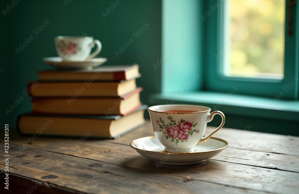 Obraz premium Vintage teacup with hot drink sits on rustic wooden table near stack of books. Relaxing morning scene with antique china cup, saucer. Still life photo captures charming atmosphere. Cozy vintage