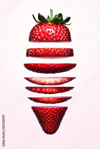 Sliced floating strawberry arranged in a surreal composition on a light background, symbolizing freshness, creativity, and food art photo