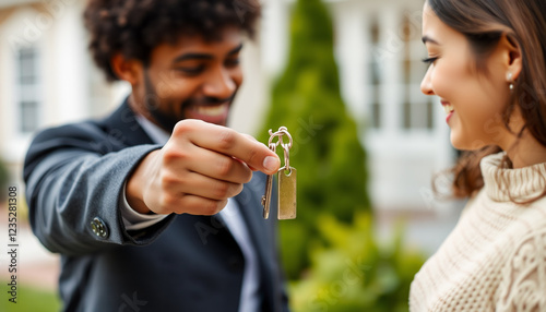 A smiling real estate agent handing house keys to a happy couple outside a modern home, symbolizing a new beginning, homeownership, and successful real estate transaction.