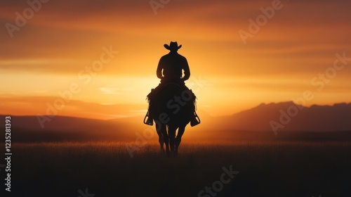 Silhouette of a cowboy riding into the sunset, symbolizing freedom, adventure, and the spirit of the Wild West photo