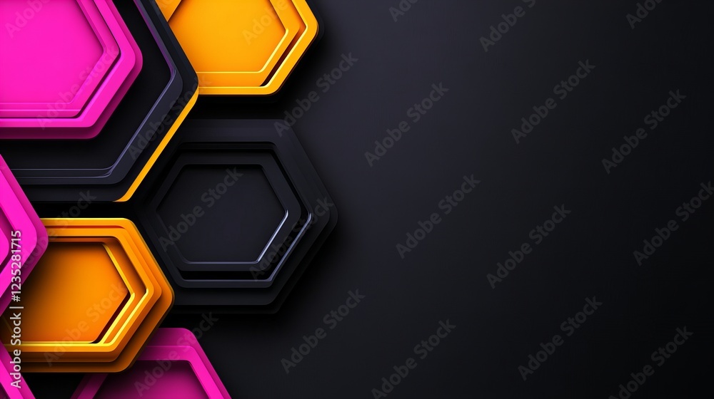Abstract geometric background with colorful hexagons in pink, orange, and black tones, symbolizing modern design, technology, and innovation Abstract geometric background with colorful hexagons in pink, orange, and black tones, symbolizing modern design, technology, and innovation