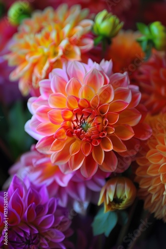 A spectacular and vibrant display of colorful dahlias in numerous shades and sizes, showcasing natures true beauty