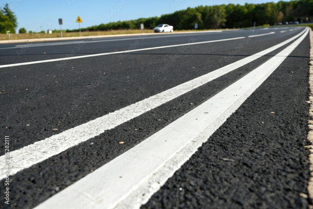 Close-up view of white dividing lines on a black asphalt road, parking lot divider, white stripes Close-up view of white dividing lines on a black asphalt road, parking lot divider, white stripes