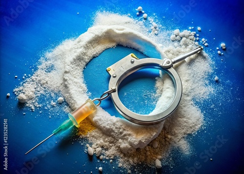 Drug Bust from Above: Handcuffs, Syringe, and Powder Exposed