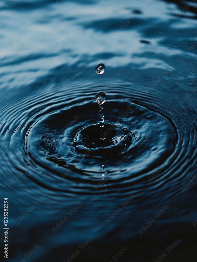 Close-up of a water droplet creating ripples on a dark blue surface, symbolizing purity, tranquility, and the power of small actions Close-up of a water droplet creating ripples on a dark blue surface, symbolizing purity, tranquility, and the power of small actions