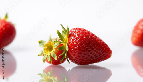 A fresh ripe strawberry with a green stem placed on a reflective white surface, highlighting its vibrant color, natural sweetness, and healthy organic freshness. photo