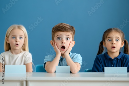 Group of three surprised children sitting at a classroom desk, expressing shock and amazement. Their wide eyes and open mouths create a moment of curiosity, wonder, and unexpected discovery photo