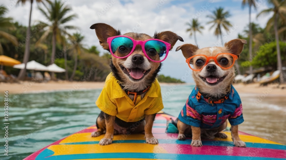 Two adorable dogs in sunglasses enjoy a tropical beach day, perched on a colorful surfboard. Two adorable dogs in sunglasses enjoy a tropical beach day, perched on a colorful surfboard.