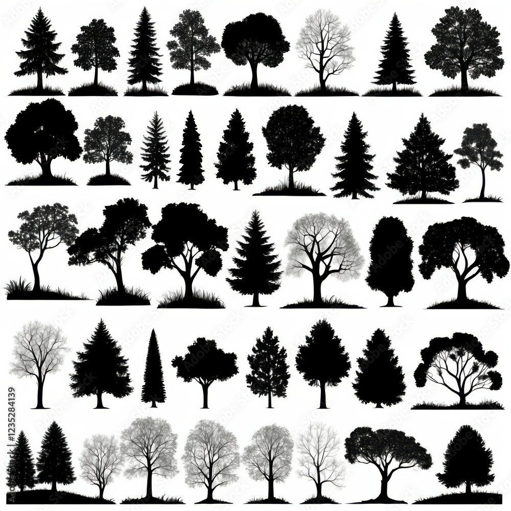 Fototapeta premium A collection of diverse tree silhouettes, showcasing various species and shapes against a white background. Ideal for design projects needing natural elements.