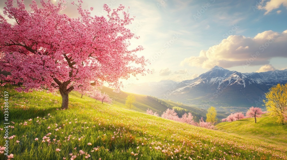 Blossoming Cherry Trees in Spring Mountain Meadow Blossoming Cherry Trees in Spring Mountain Meadow