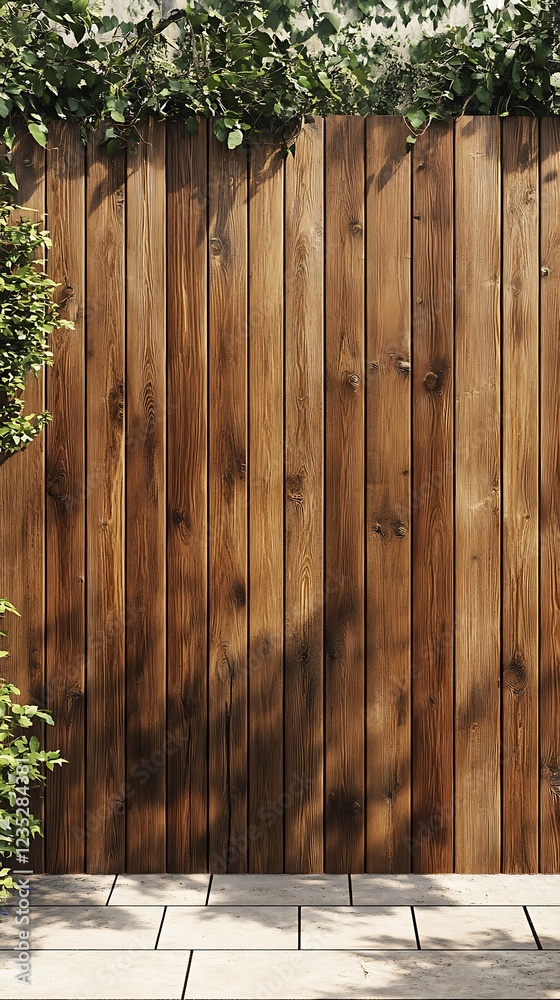 Fototapeta premium A wooden fence with greenery and shadows, creating a serene outdoor atmosphere.