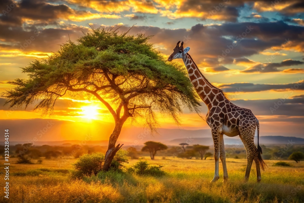 Fototapeta premium Elegant Giraffe Reaching High for Leaves in African Savannah Sunset