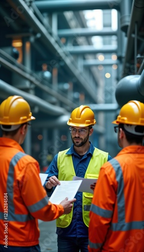 Nuclear engineer leads safety briefing for plant staff before reactor startup. Team members discuss risk management. Industrial setting. Focuses on risk assessment, compliance. Pro discussion. Safety photo