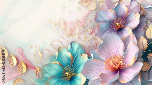 blue and pink pastel painted flowers over white background